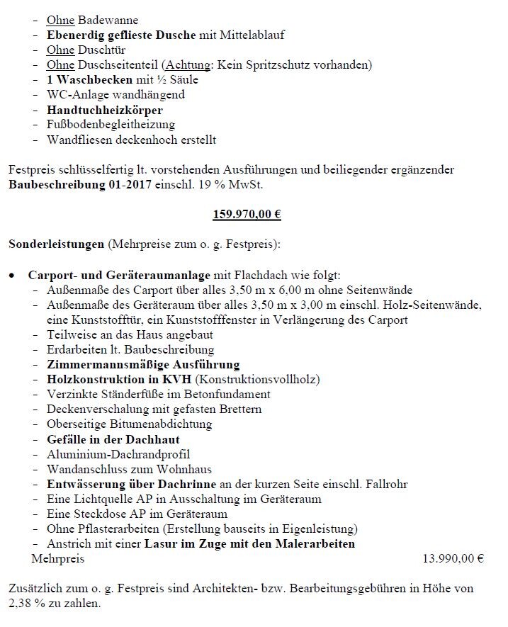 Dokument mit Baubeschreibung, Preisen und Sonderleistungen für Carport und Gerätehaus