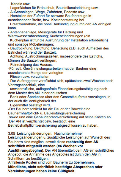 Auflistung von Bau- und Zahlungsbedingungen, Zufahrten und Infrastruktur.