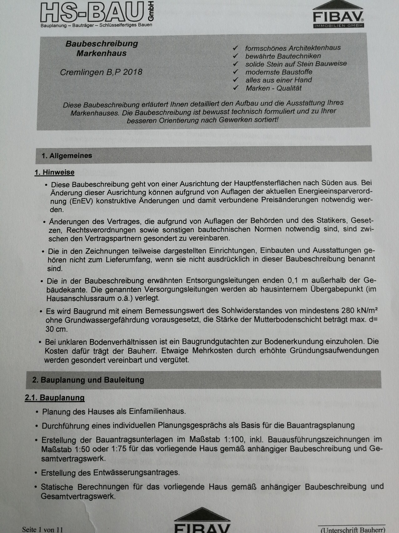 Deckblatt einer Baubeschreibung mit HS-BAU- und FIBAV-Logo.