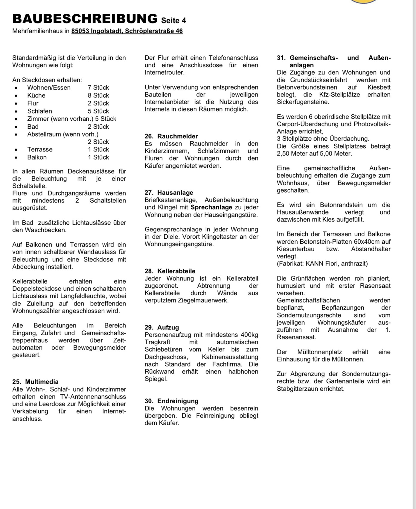 Baubeschreibung Seite 4: Details zu Rauchmelder, Aufzug, Kellerräume und Gemeinschaftsanlagen.
