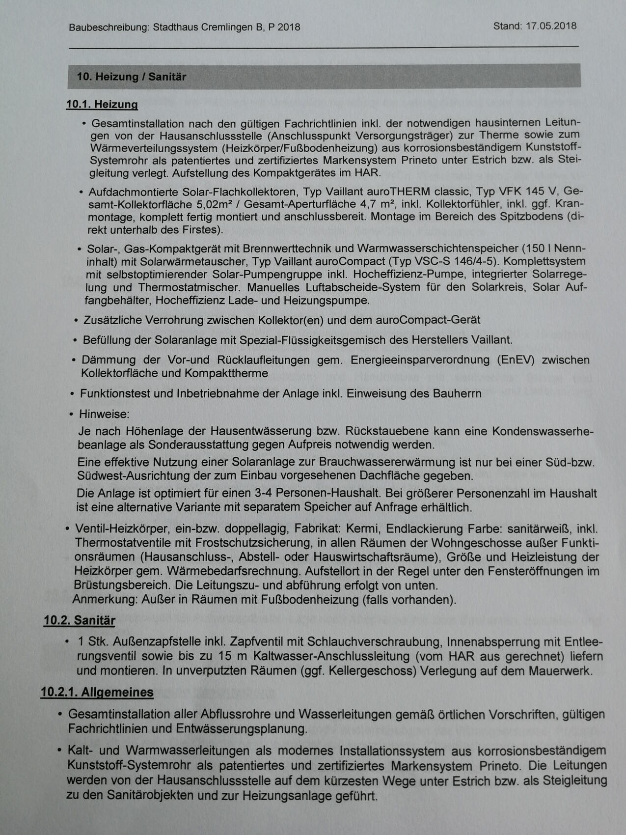 Baubeschreibung Heizung/Sanitar: Stadthaus Cremlingen B, Stand 17.05.2018.