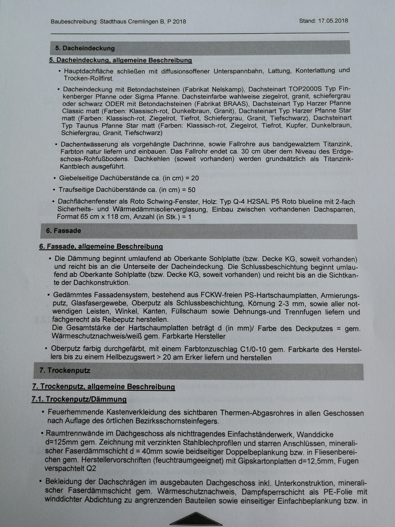 Baubeschreibung: Dachabdichtung, Fassade und Trockenputz mit Details.