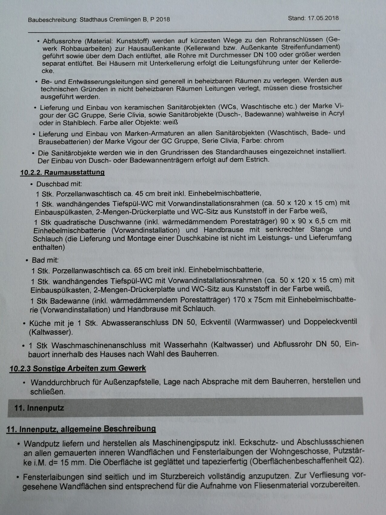 Baubeschreibung: Technische Details zu Sanitär, Be- und Entwässerung, Innenausbau (Stand 17.05.2018).