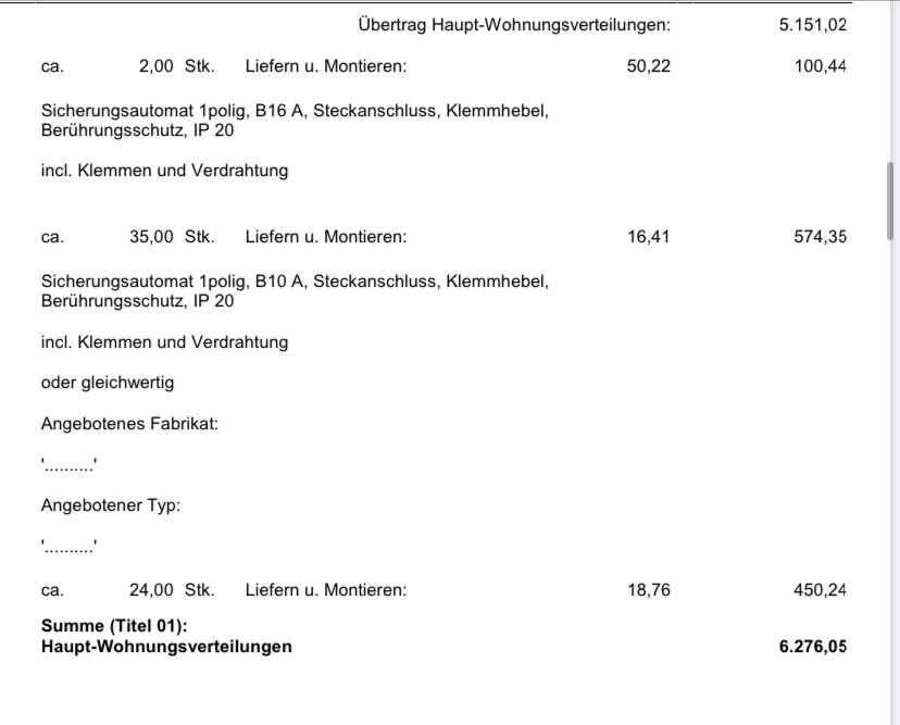 Seitenansicht eines Tabellenblatts mit Positionen, Mengen, Preisen und Gesamtsumme.