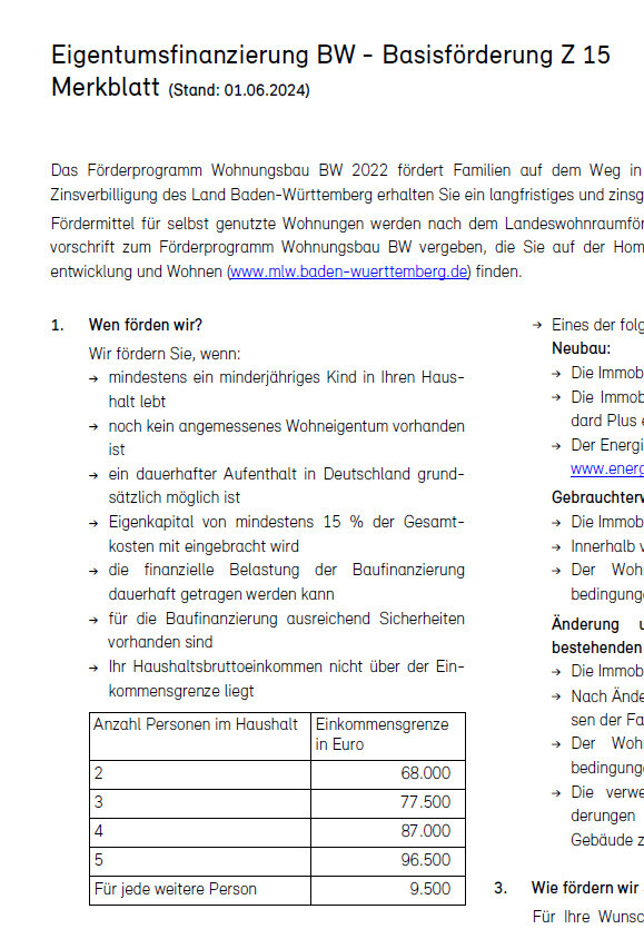 Dokument zur Eigentumsfinanzierung BW mit Basisförderung Merkblatt und Förderrichtlinien