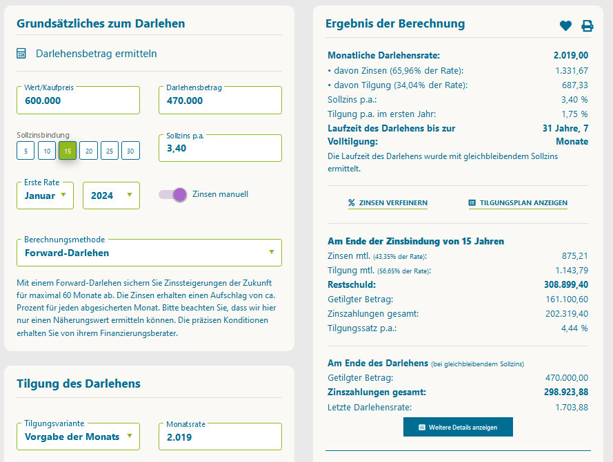 Darlehensrechner: links Eingaben, rechts Ergebnisse (Rate, Laufzeit).