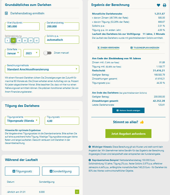 Screenshot eines Darlehensrechners mit Eingabefeldern (Kaufpreis, Darlehen) und Monatsrate.