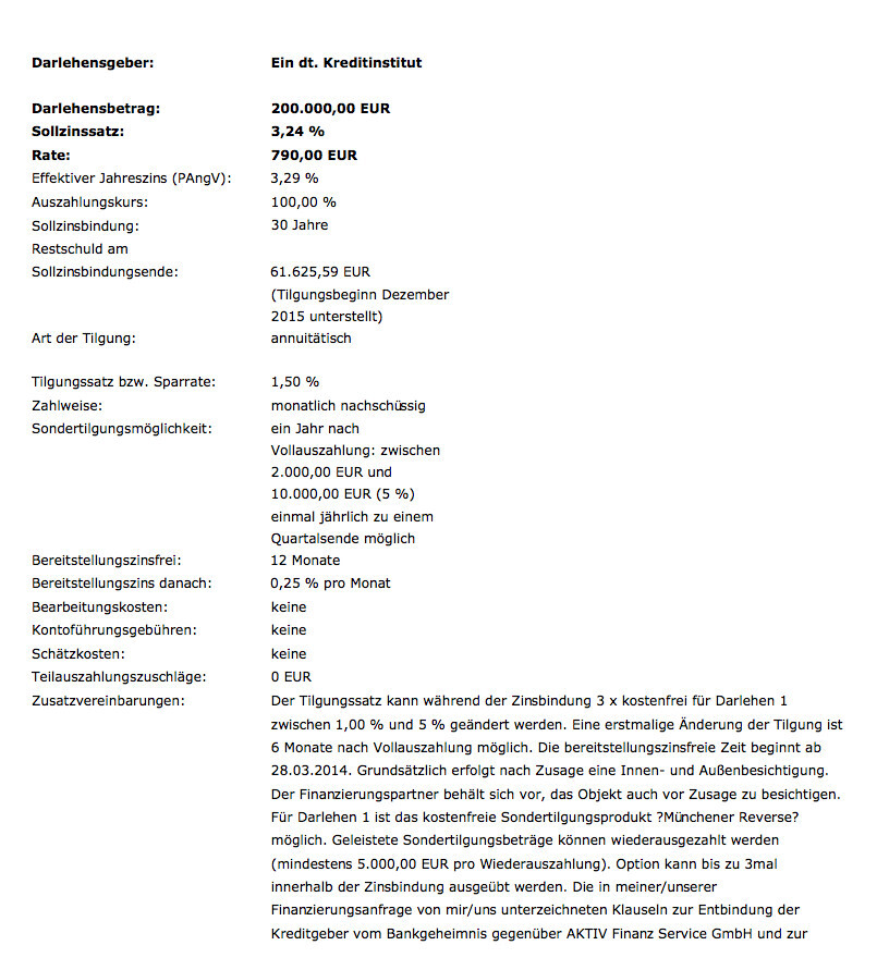 Bildschirm eines Kreditvertrags mit Darlehensparametern: Zinssatz, Tilgung, Laufzeit.