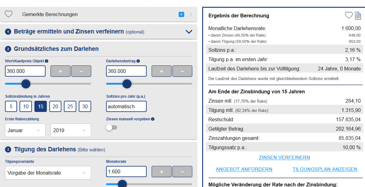 Screenshot eines Baufinanzierungsrechners mit Tilgung und Zinsen