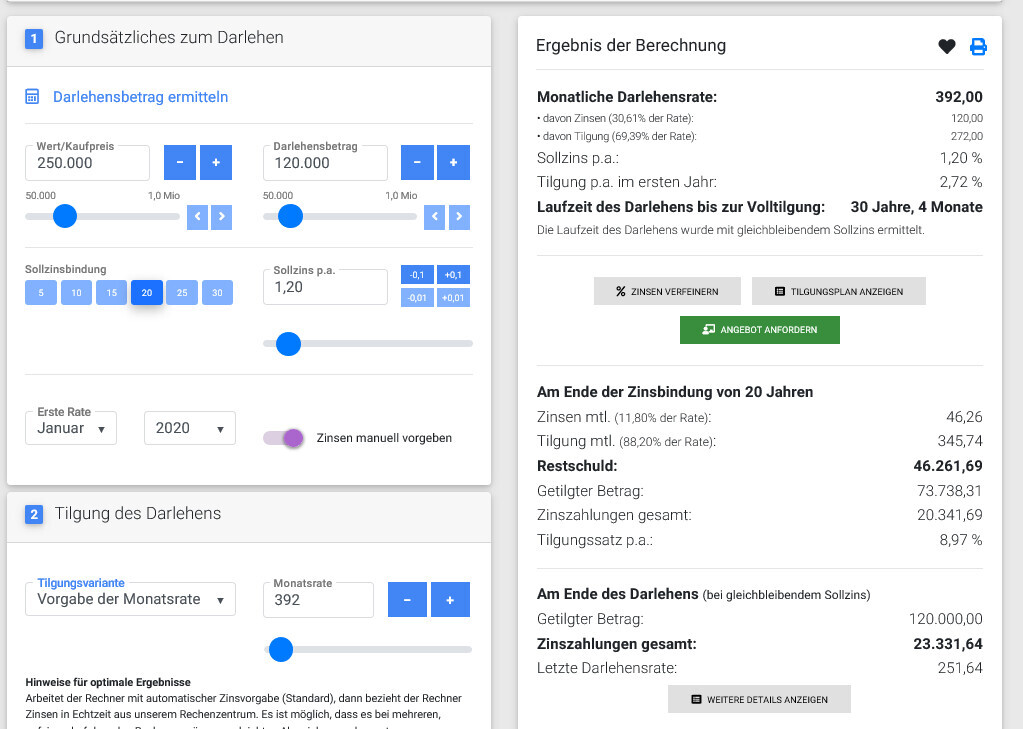 Screenshot einer Kreditrechner-Oberfläche mit Eingaben zu Darlehen, Zinssatz und Tilgung