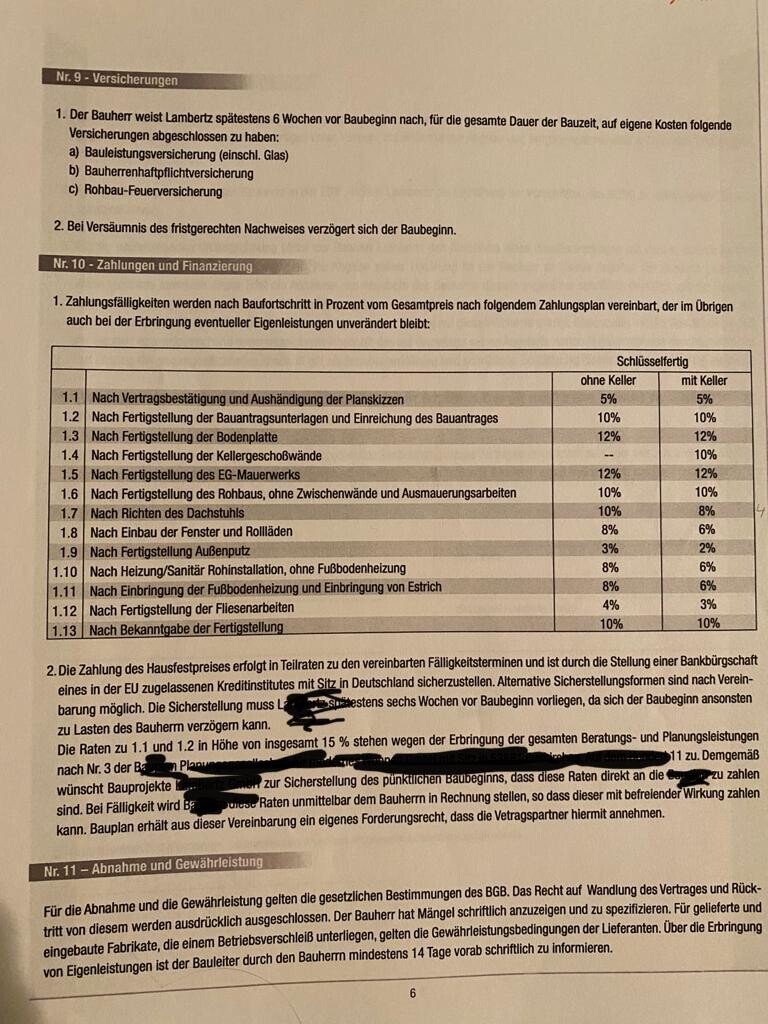 Dokumentenseite mit Überschriften Nr. 9 Versicherungen und Nr. 10 Zahlungen, Tabelleninhalt.