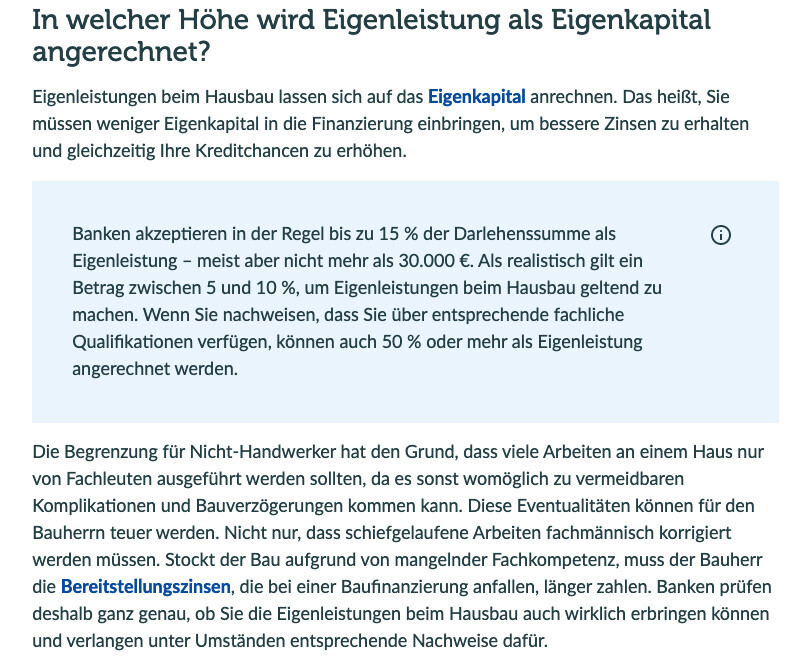 Screenshot eines Artikels zur Berechnung von Eigenleistung als Eigenkapital, mit blauem Info-Hinweisfenster.