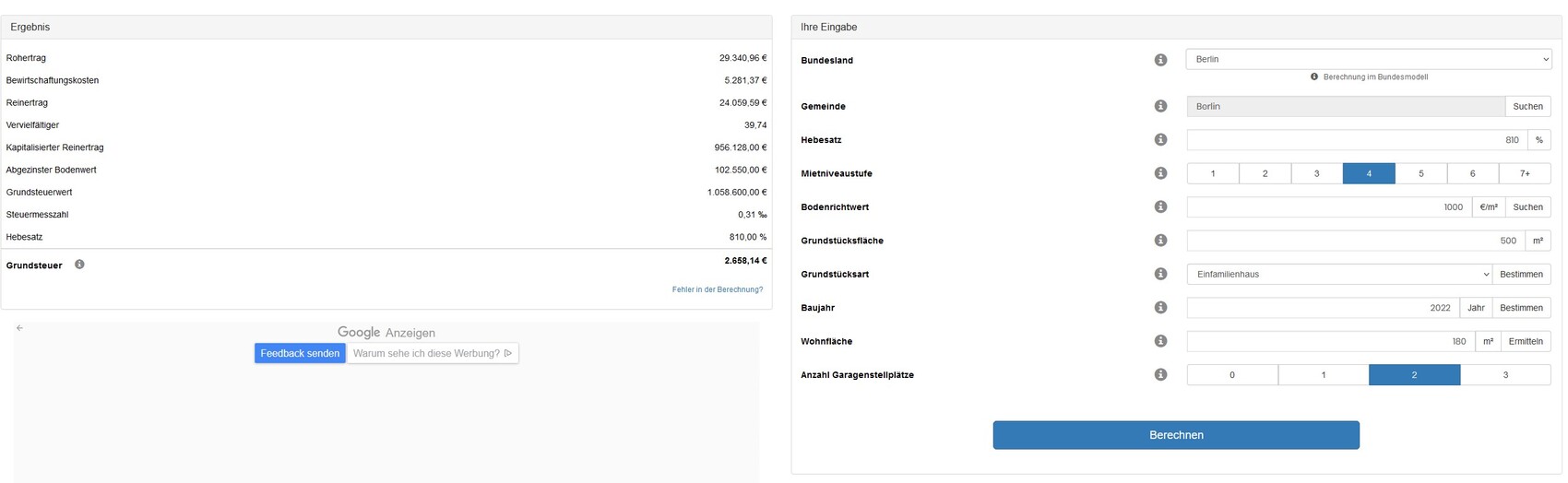 Screenshot eines Grundsteuer-Rechners mit Eingaben rechts, Ergebnissen links und Berechnen-Button unten.