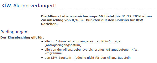 Dokument mit KfW-Zinsrabatt-Aktion und Bedingungs-Hinweisen zur Baufinanzierung