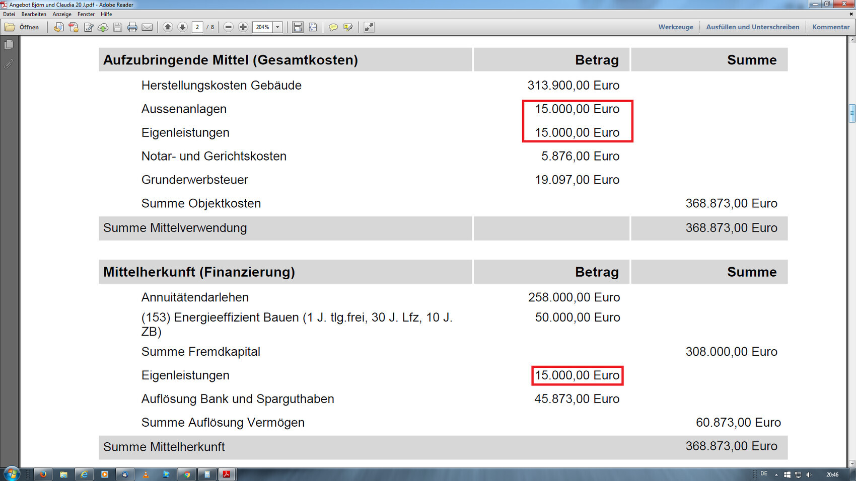 Finanzplan: Gesamtkosten und Finanzierung; Außenanlagen und Eigenleistungen je 15.000,00 Euro.