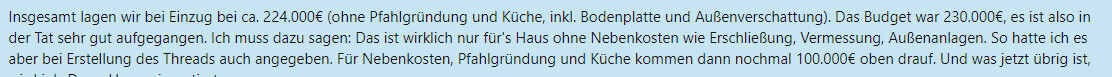 Text über Hausbaukosten: Gesamt ca. 224.000€, Budget 230.000€, später 100.000€ Nebenkosten.