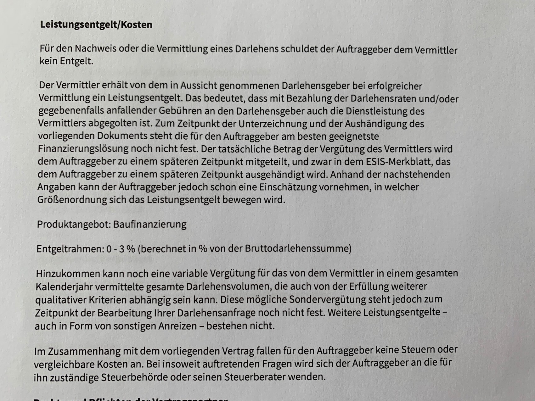 Dokument erklärt Leistungsentgelt/Kosten bei Darlehen und Baufinanzierung.