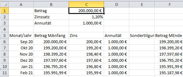 Monats-Amortisationsplan: Anfangsbetrag 200.000 €, Zinssatz 1,2%, Annuität 1.000 €, Sep 20–Feb 21