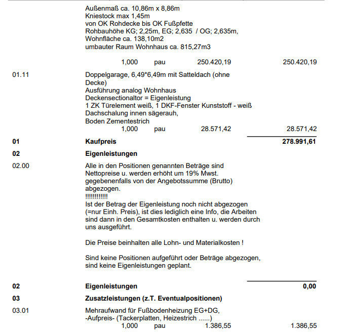 Bau- und Preisübersicht mit Maßen, Kosten, Eigenleistungen und Kaufpreis.