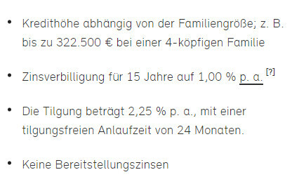 Textbasierte Liste zu Baufinanzierung: Kredithöhe, Zinsverbilligung, Tilgung