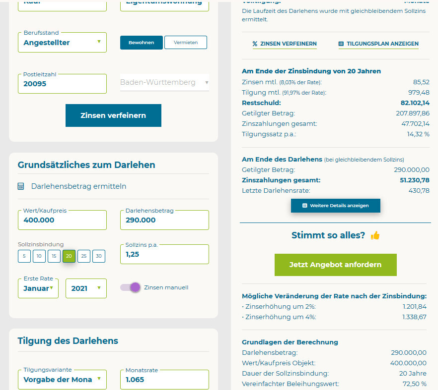Screenshot eines Baufinanzierungsrechners mit Tilgung und Zinsen auf hellblauem Layout
