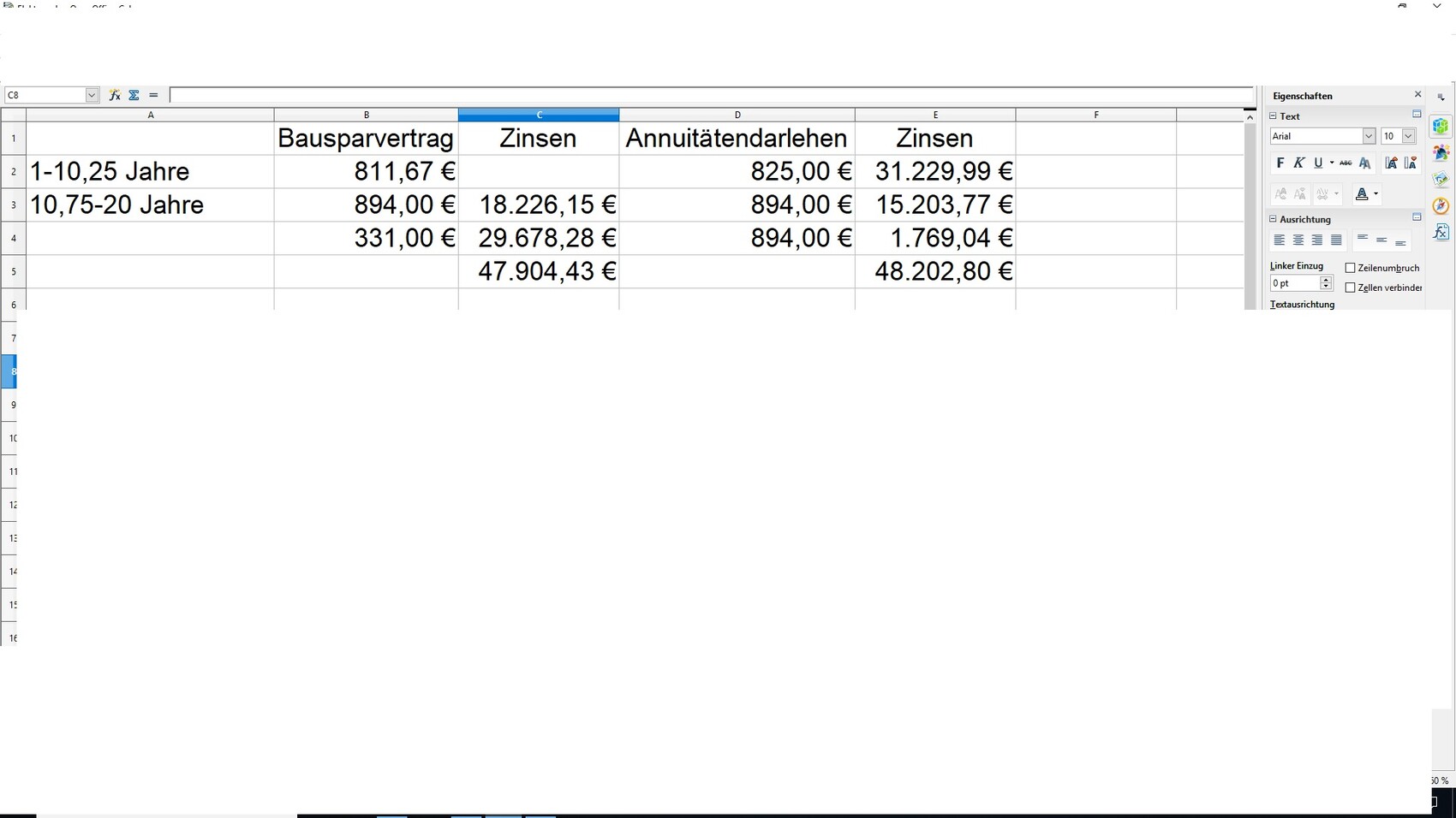 Spreadsheet mit Bausparverträgen, Zinsen und Annuitaetendarlehen zur Baufinanzierung