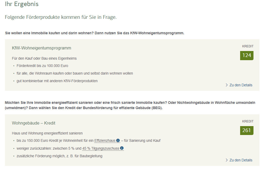 Bild zeigt zwei KfW-Förderkredite: KfW-Wohneigentumsprogramm (124) und Wohngebäude-Kredit (261).