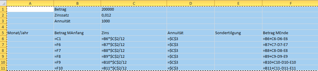 Tilgungsplan in Excel: Anfang 200000, Zins 0,012, Annuität 1000; Monat/Jahr, Zins, Tilgung, Endsaldo