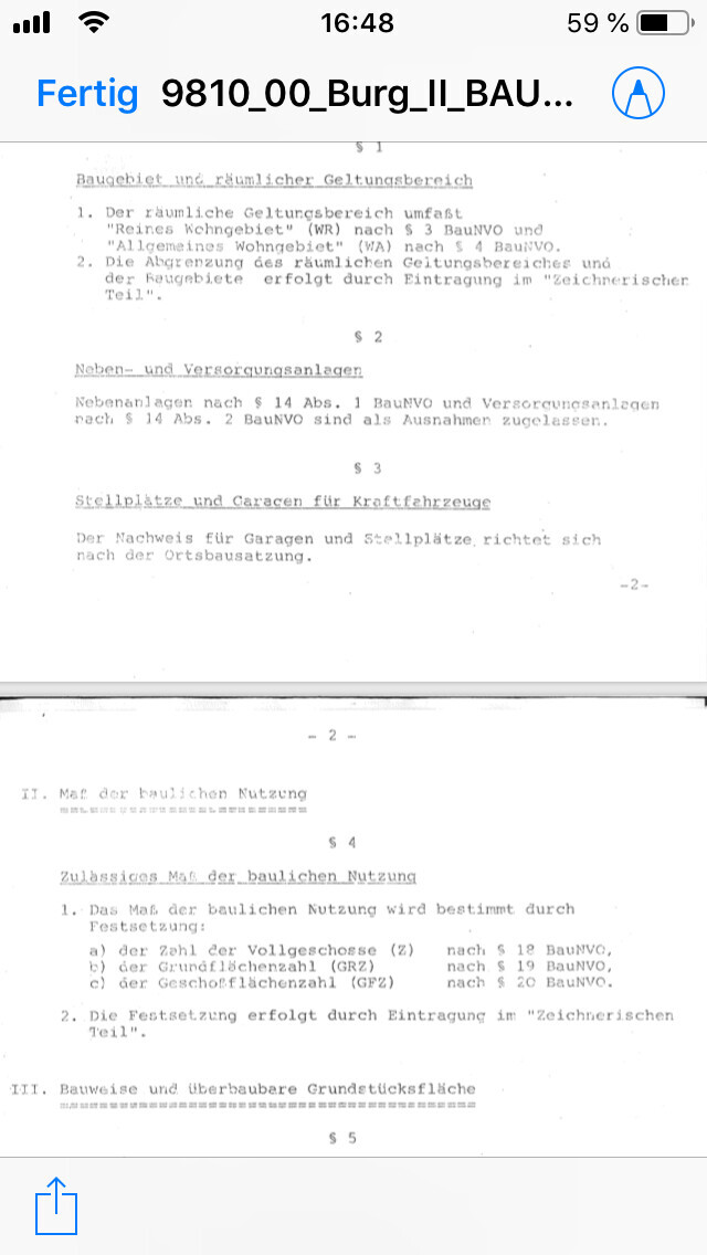 Dokumentenseite mit Baugebiet, Stellplätzen und Nutzungsregelungen
