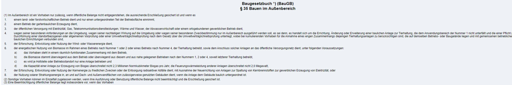 Ausschnitt aus dem Baugesetzbuch §35 Bauen im Außenbereich mit Stichpunkten.