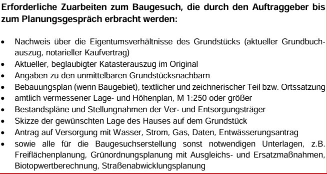 Textliste mit erforderlichen Zuarbeiten zum Baugesuch und Planungsgespräch.