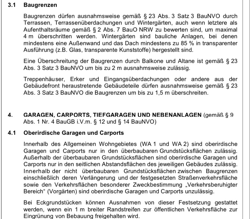 Ausschnitt aus Bauvorschriften: Text über Baugrenzen, Terrassen, Balkone und Garagen