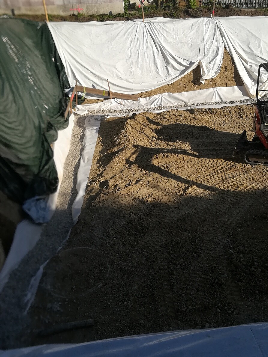 Baustelle mit Baugrube, Geotextilplanen, Erdarbeiten und Bagger im Fundamentbereich