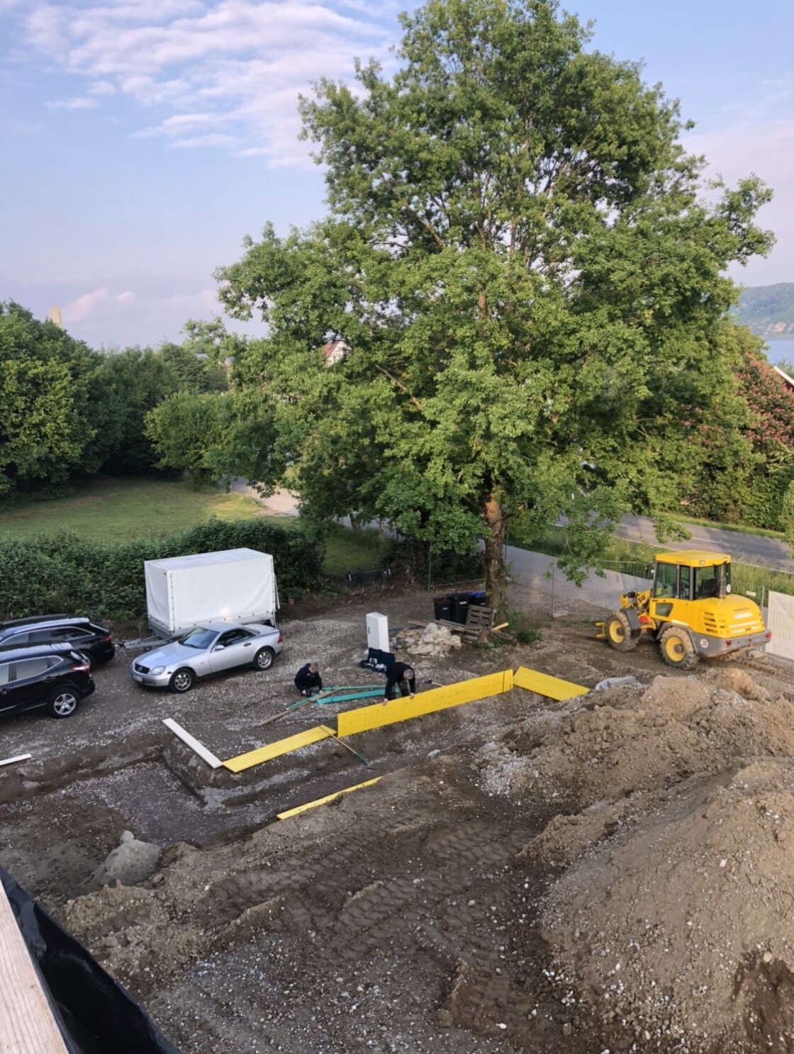 Große Baustelle mit zentralem Baum, gelber Radlader, Bauarbeiter setzen gelbe Barrieren um Graben.
