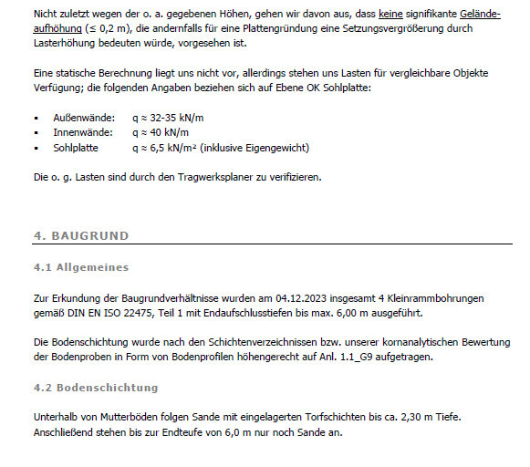 Dokumentenseite zum Baugrund: Allgemeines, Bodenschichtung und Lastangaben.