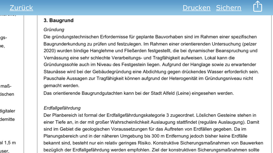 Dokumentenseite: Textabschnitte zu Baugrund, Gründung und Erdfallgefährdung (Kategorie 3).