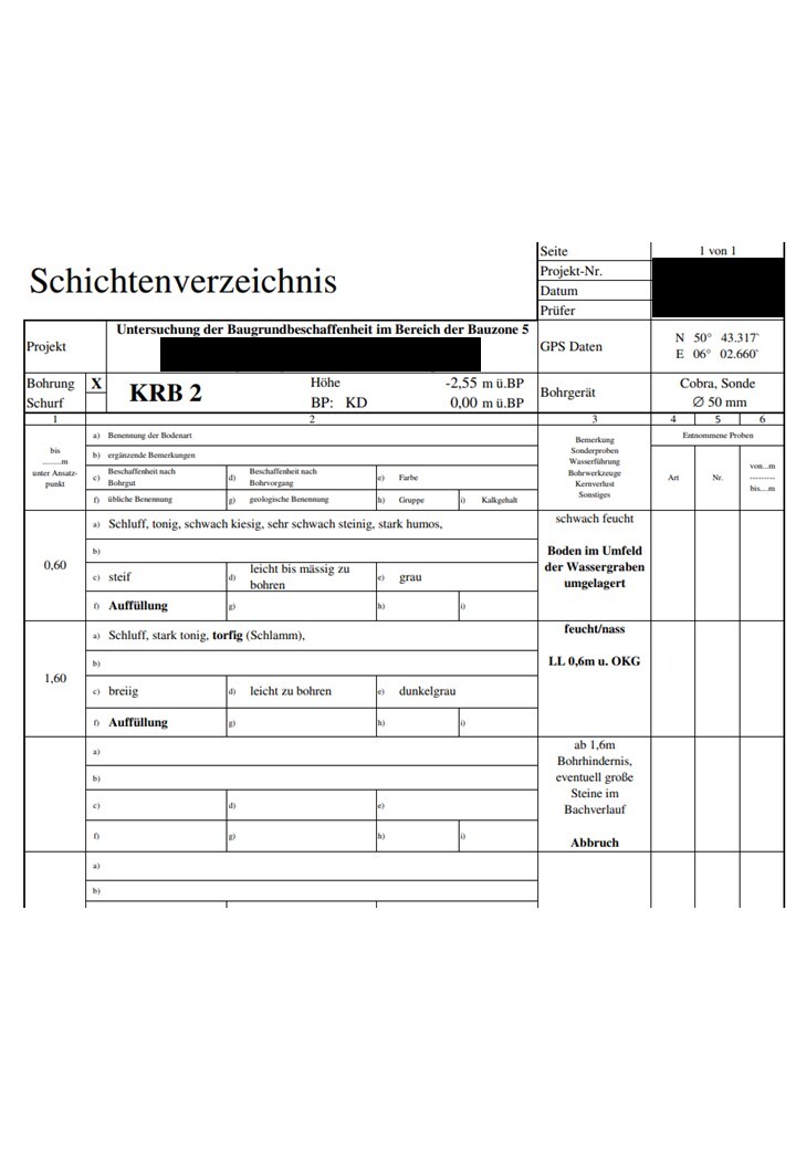 Geologischer Bericht: Schichtenverzeichnis mit Tabellen zur Baugrunduntersuchung.