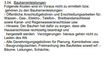 Dokumenttext zu Bauherrleistungen mit Gebührenhinweisen und Anschlussanträgen