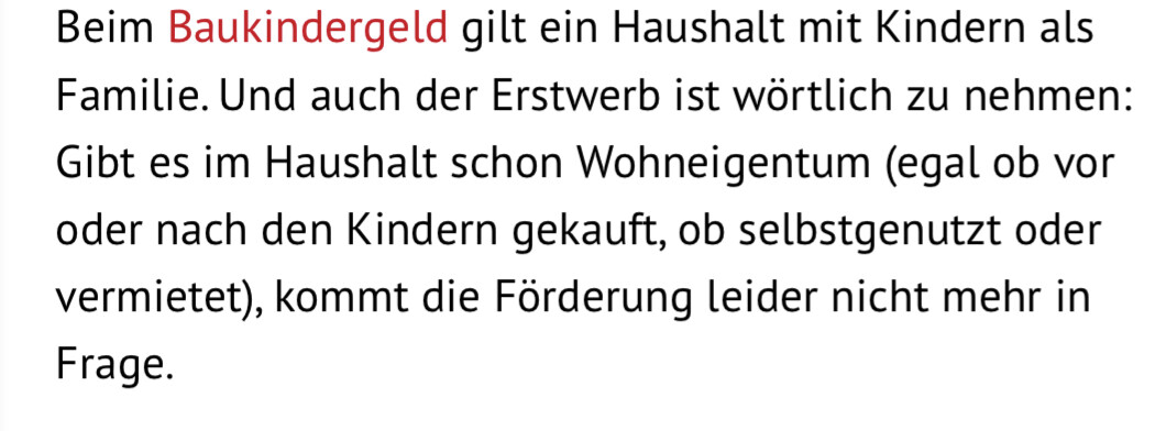 Deutscher Fließtext über Baukindergeld und Haushalt mit Kindern.