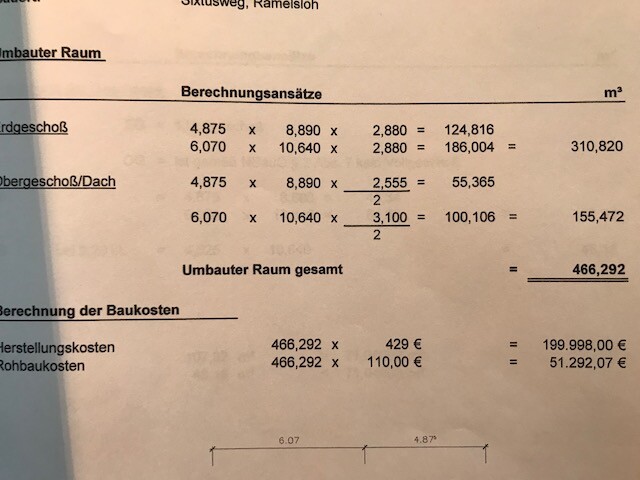 Kostenkalkulation Baukostenblatt mit Tabellen und Umbauter Raum Gesamtwert.