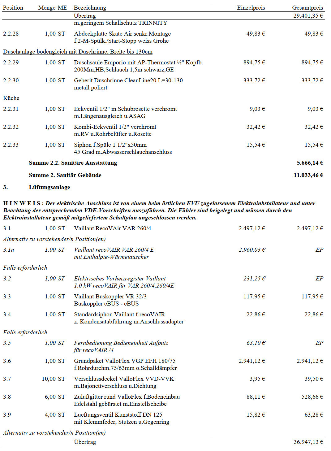 Kauf-/Angebotsliste: Sanitär- und Lüftungsanlagen mit Positionen und Preisen.