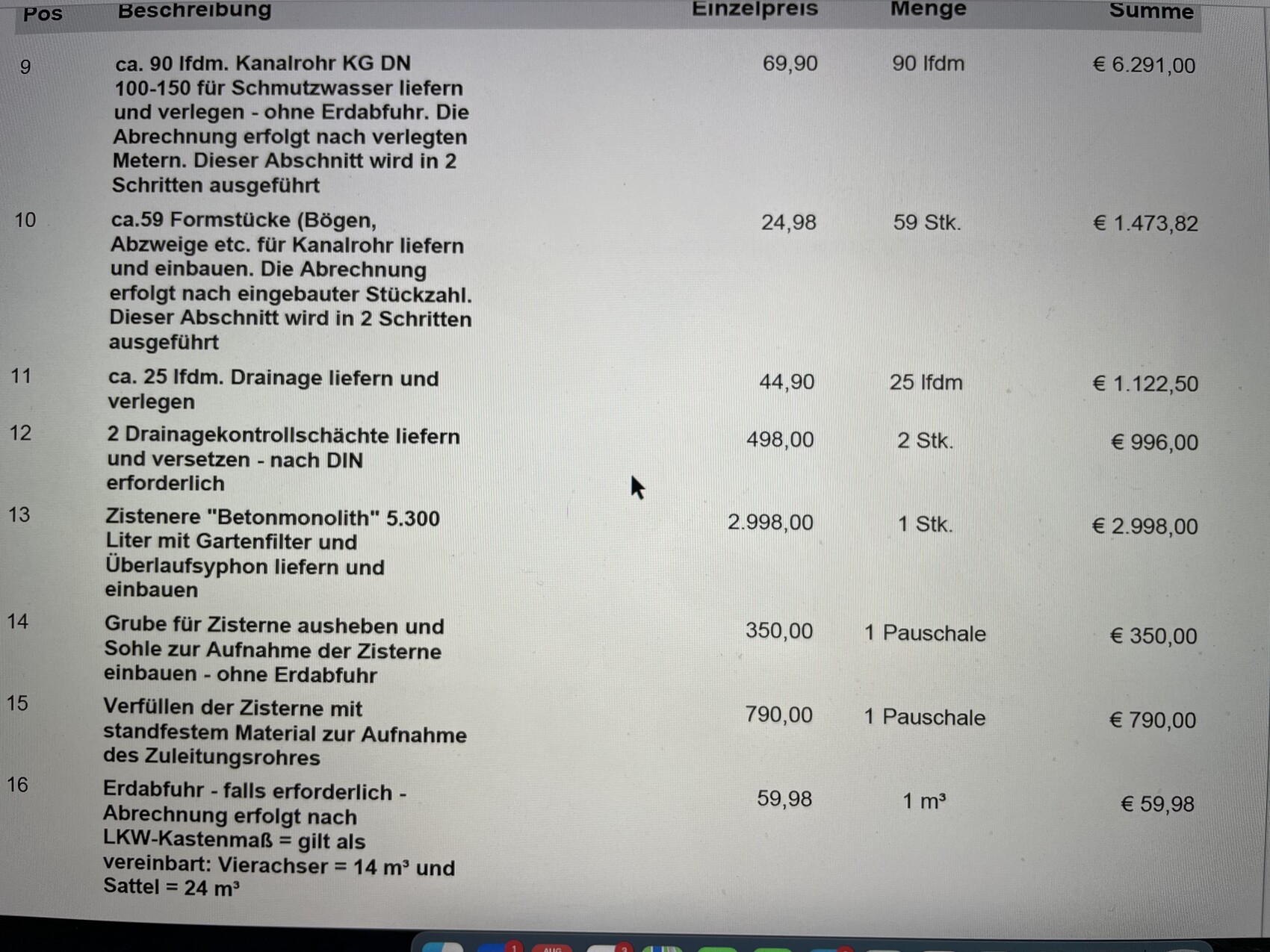 Screenshot einer Rechnungstabelle mit Positionen 9-16: Kanalrohr, Formstücke, Drainage, Zisternen.