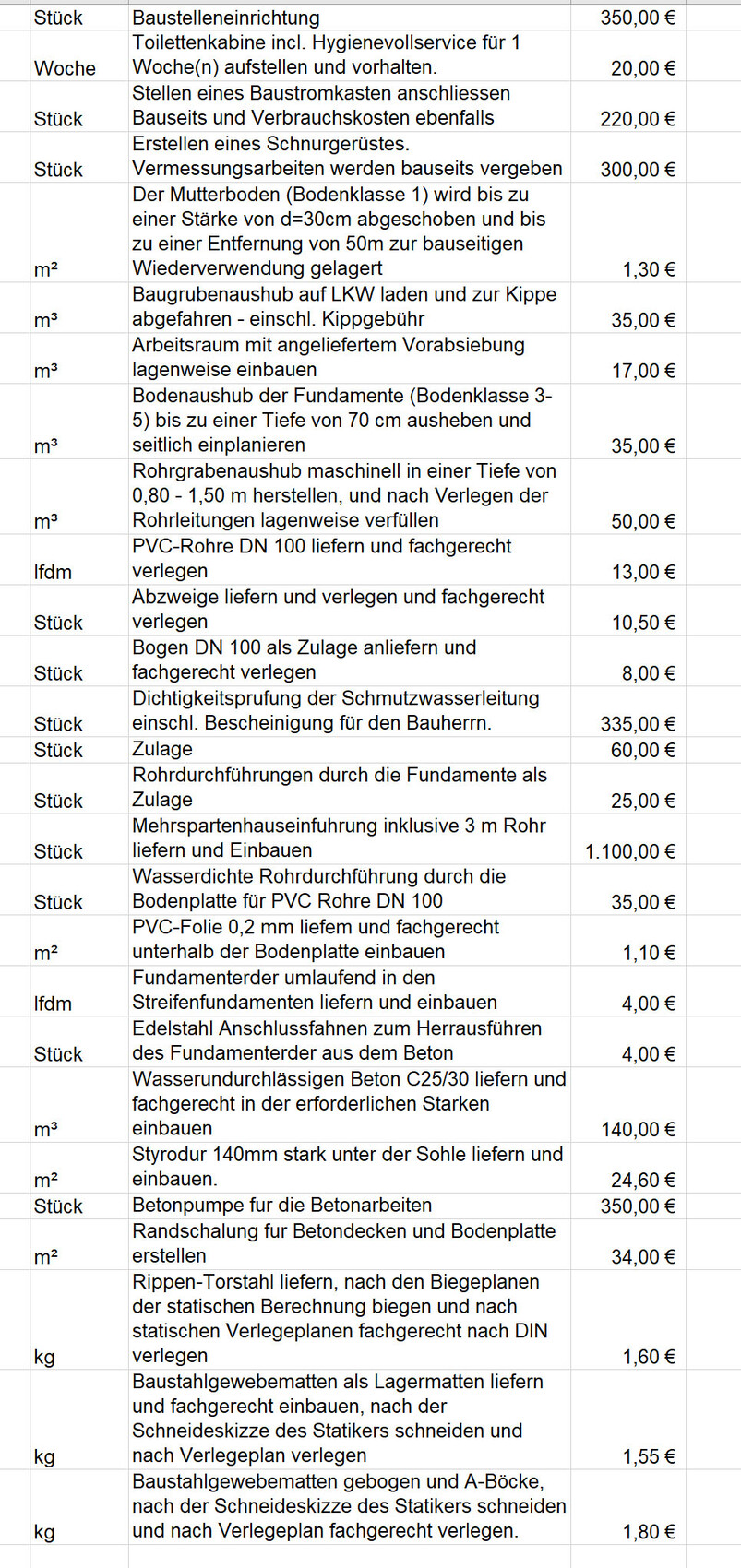 Preisliste mit Baukostenpositionen für Rohbau und Fundamenten in einer Baukostentabelle.