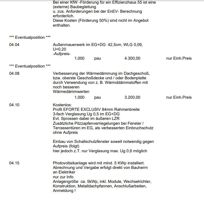Auszug aus Baupreisliste: Eventualpositionen wie Außenmauerwerk, Dämmung, Profil, Photovoltaik.
