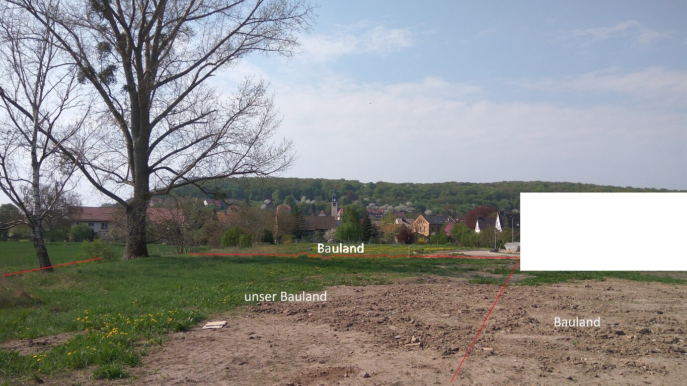 Offenes Baugrundstück mit Baum im Vordergrund, Dorf im Hintergrund