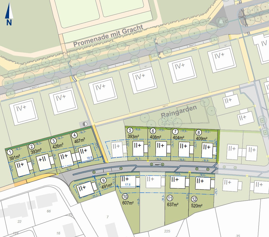 Detaillierter Lageplan eines Baugebiets mit Parzellen II+/IV+, Promenade mit Gracht und Raingarden.