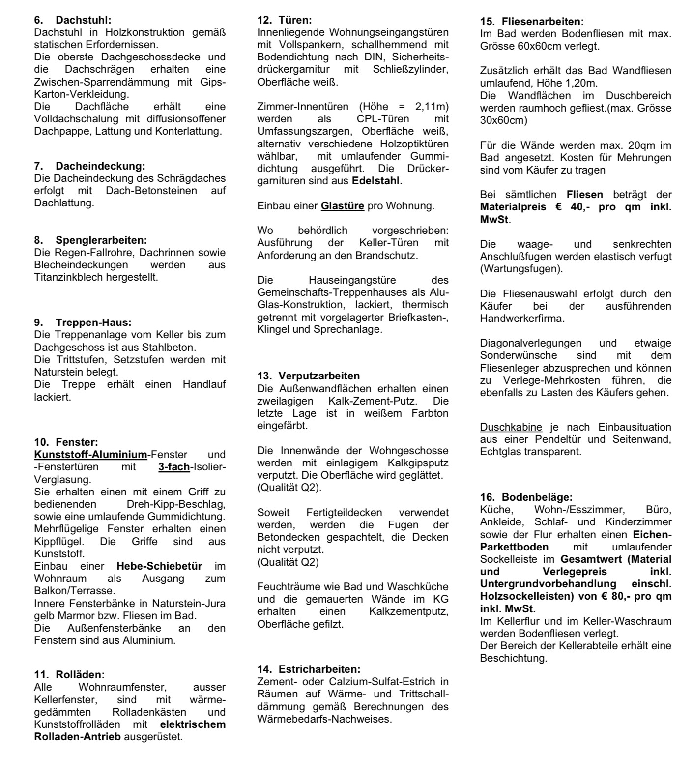 Seite mit Aufzählung von Bau- und Ausbauarbeiten (Dach, Türen, Fliesen, Boden).