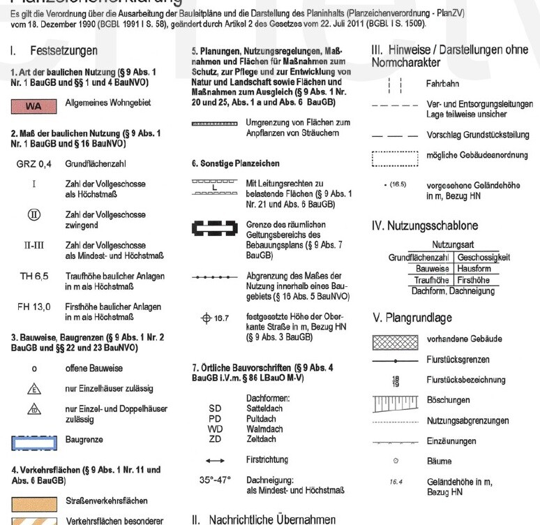 Seite eines Planungsdokuments zur Bauleitplanung mit Festsetzungen und Nutzungsregelungen.