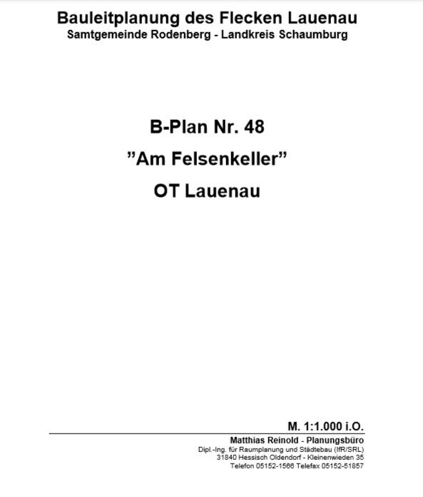 Titelblatt der Bauleitplanung Flecken Lauenau mit B-Plan Nr. 48 Am Felsenkeller, OT Lauenau