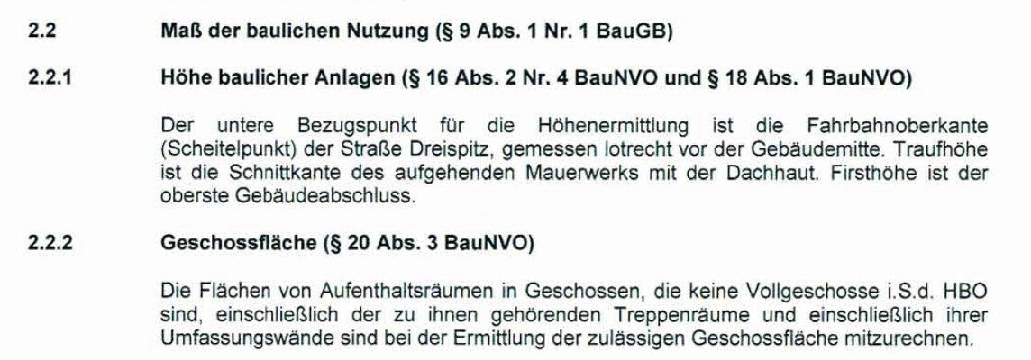 Ausschnitt eines Gesetzestextes zur BauNVO mit Überschriften zu Maß der baulichen Nutzung und Geschossfläche.